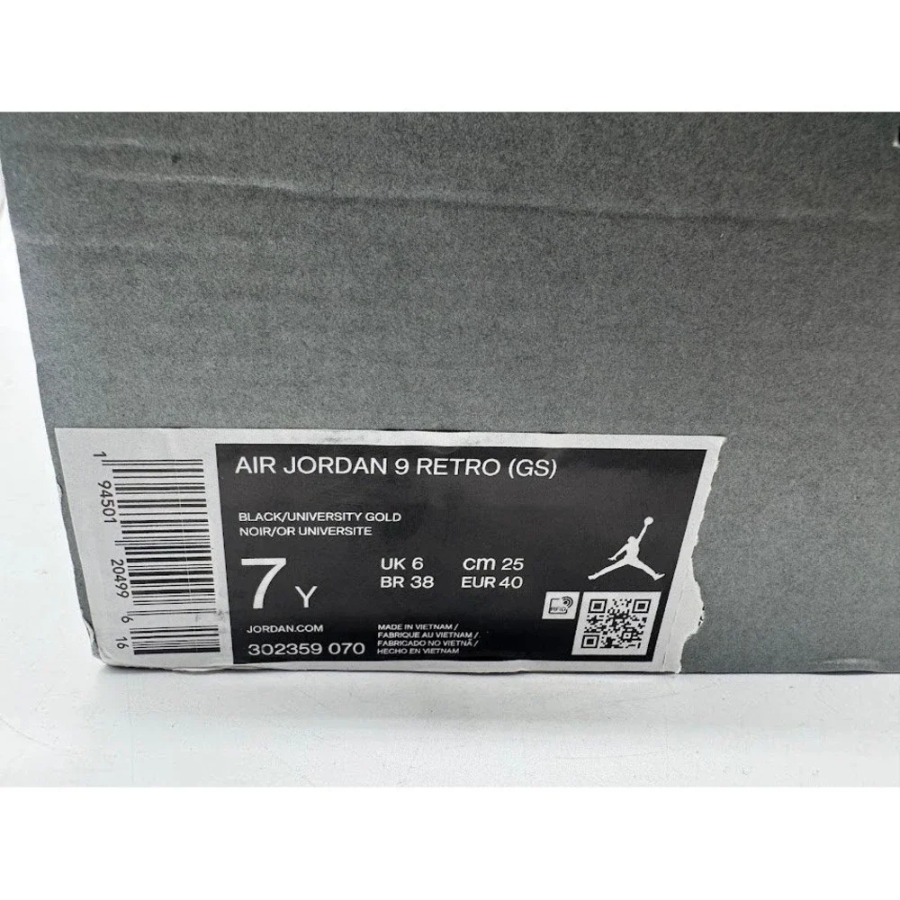 Air Jordan 9 Retro GS Black University Gold 302359-070 Size 7Y Kids Sneakers